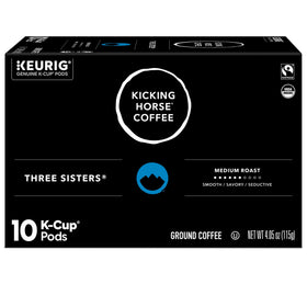 Kicking Horse Three Sisters label close-up emphasizes Fair Trade and Organic.