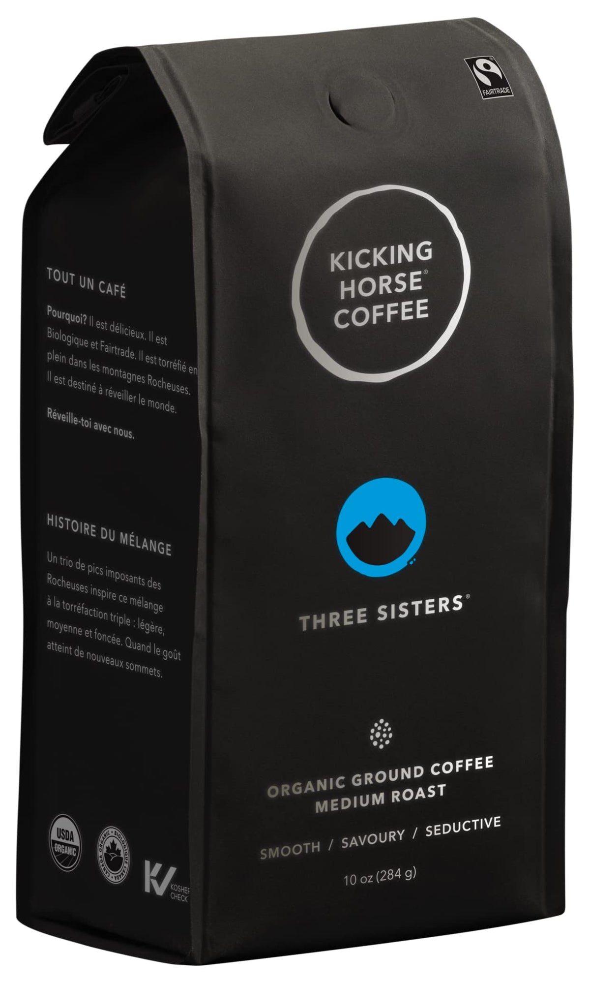 Kicking Horse Three Sisters ground coffee pack for rich morning aroma and smooth flavor.