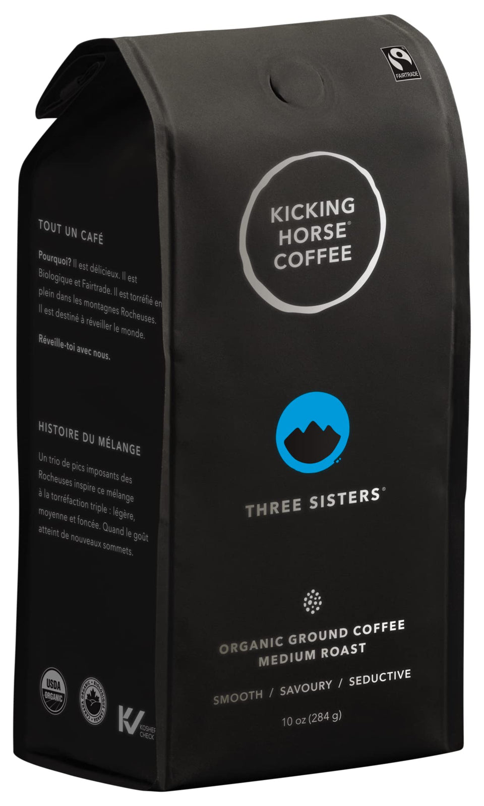 Kicking Horse Three Sisters ground coffee pack for rich morning aroma and smooth flavor.