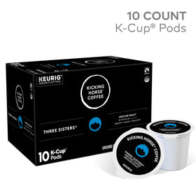 Kicking Horse Three Sisters K-Cup close highlighting fruit and cocoa notes.