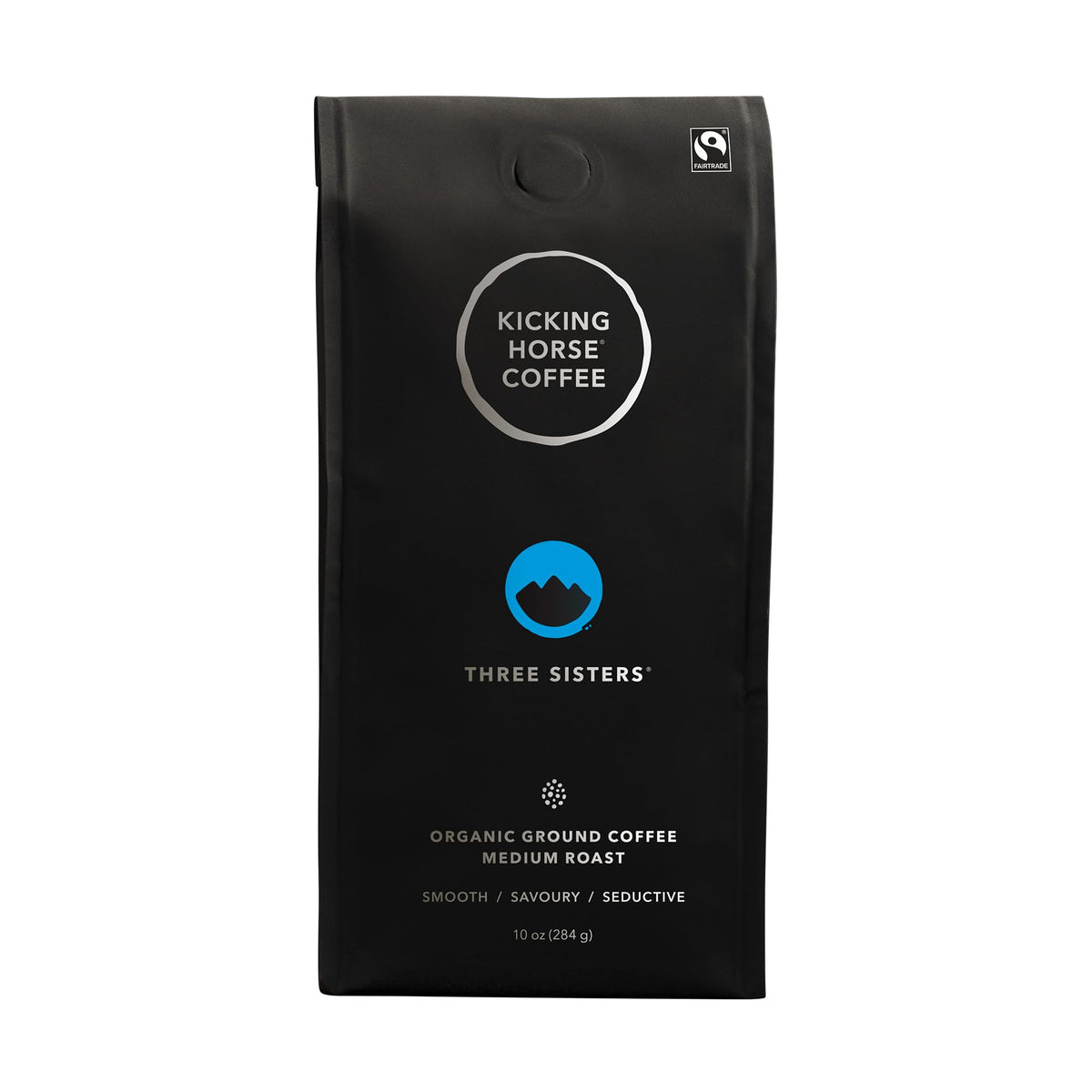 Kicking Horse Three Sisters medium roast ground coffee 10 oz, smooth and versatile for everyday brewing.