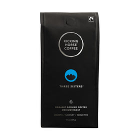 Kicking Horse Three Sisters medium roast ground coffee 10 oz, smooth and versatile for everyday brewing.