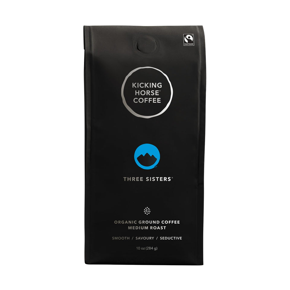 Kicking Horse Three Sisters medium roast ground coffee 10 oz, smooth and versatile for everyday brewing.