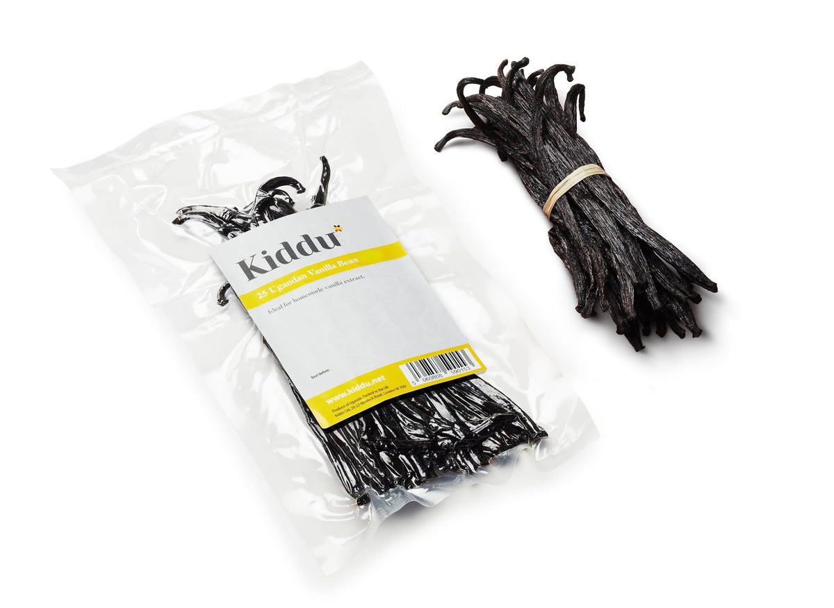 Kiddu 25 Grade B vanilla beans in packaging ready for extract and infusions.