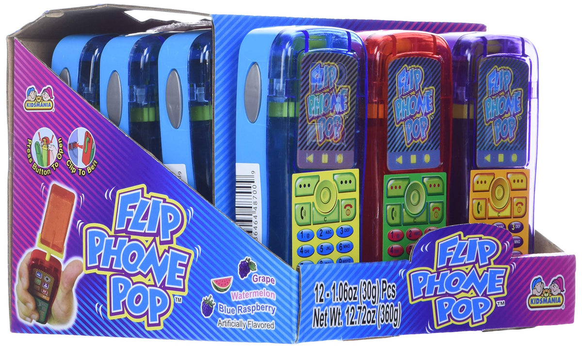 Kidsmania Flip Phone Pop blue raspberry flavor offers tangy finish.