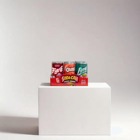 Kidsmania mini soda can fizzy candy close-up showing four flavors for party snacks.