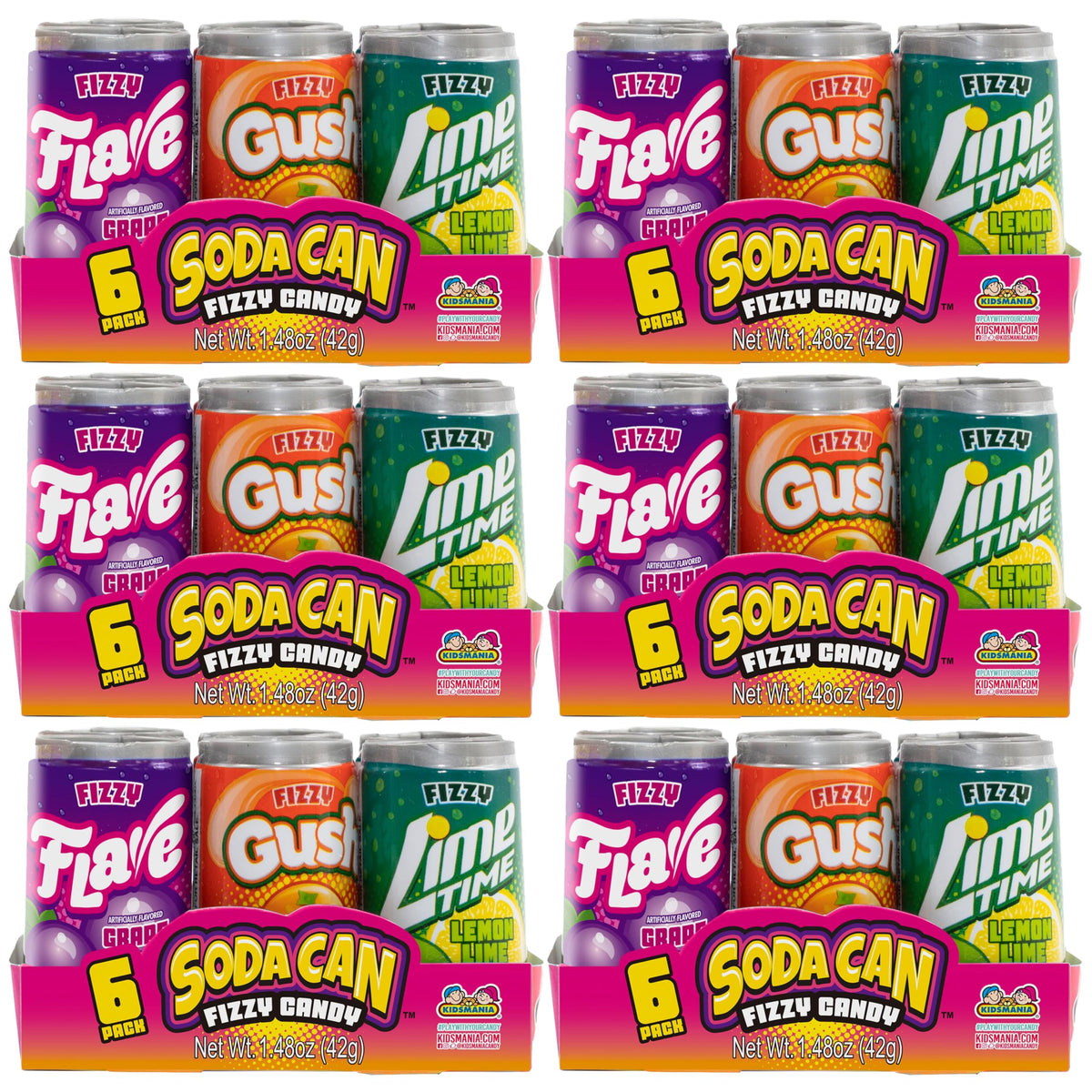 Kidsmania mini soda can fizzy candy pack with six packs, ideal for sharing.