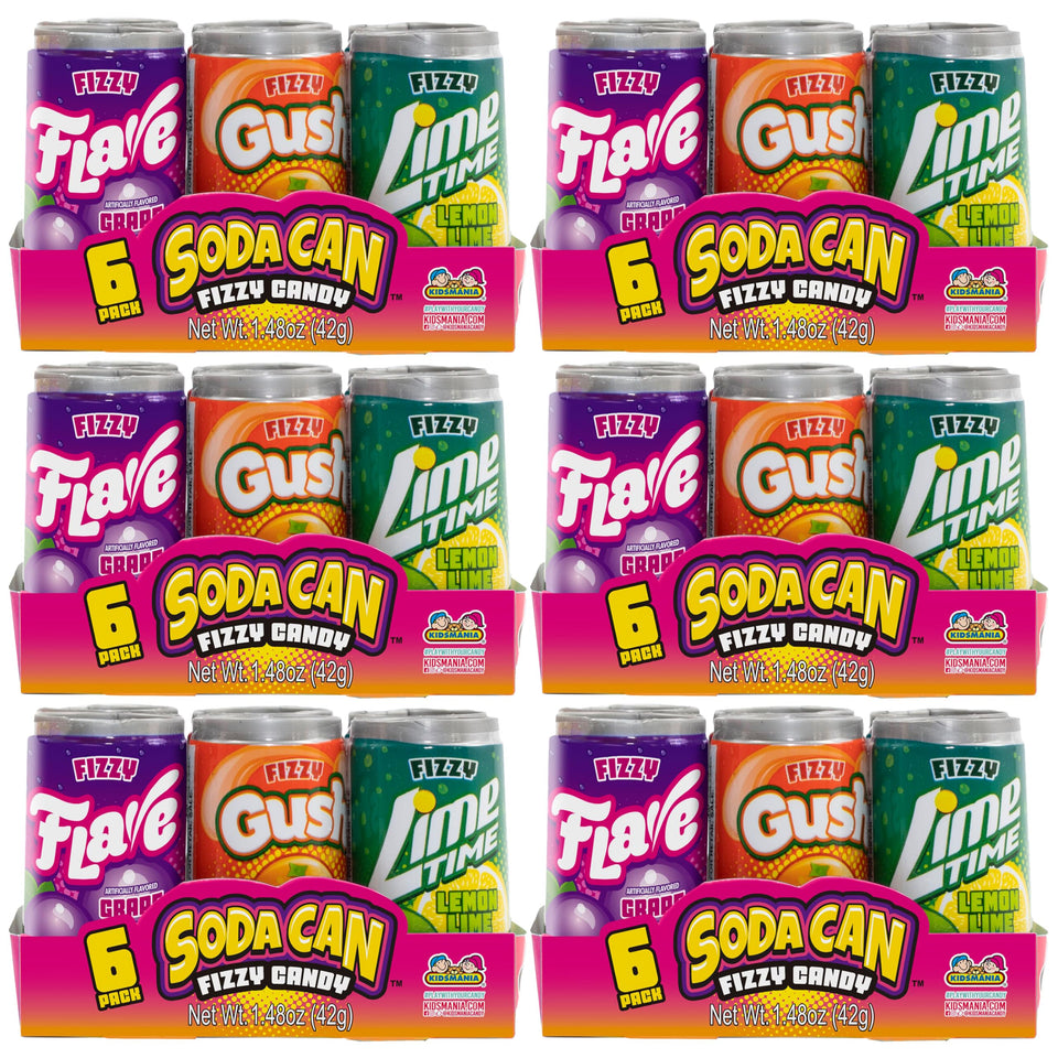 Kidsmania mini soda can fizzy candy pack with six packs, ideal for sharing.