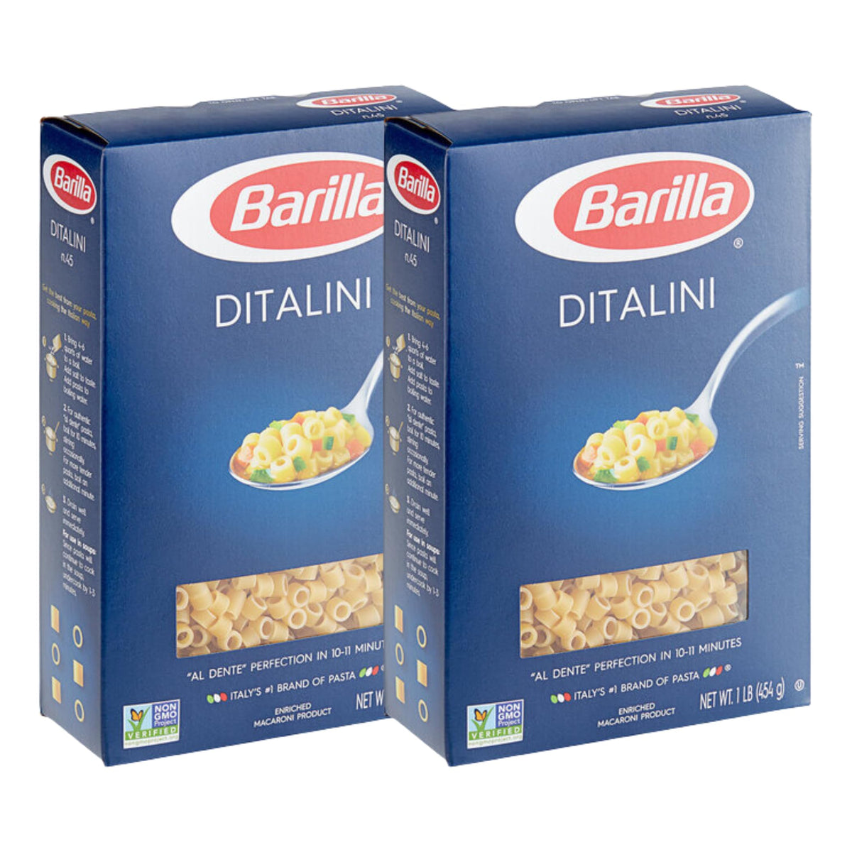 KIDU Barilla Ditalini pasta front of pack, two 16 oz portions for easy meal planning.