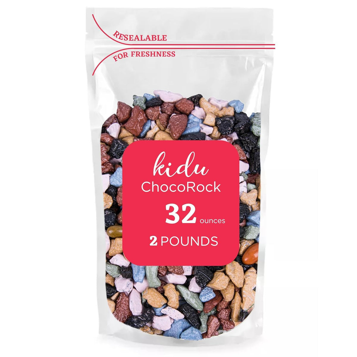 KIDU Chocolate Rocks bulk bag with resealable seal for freshness.