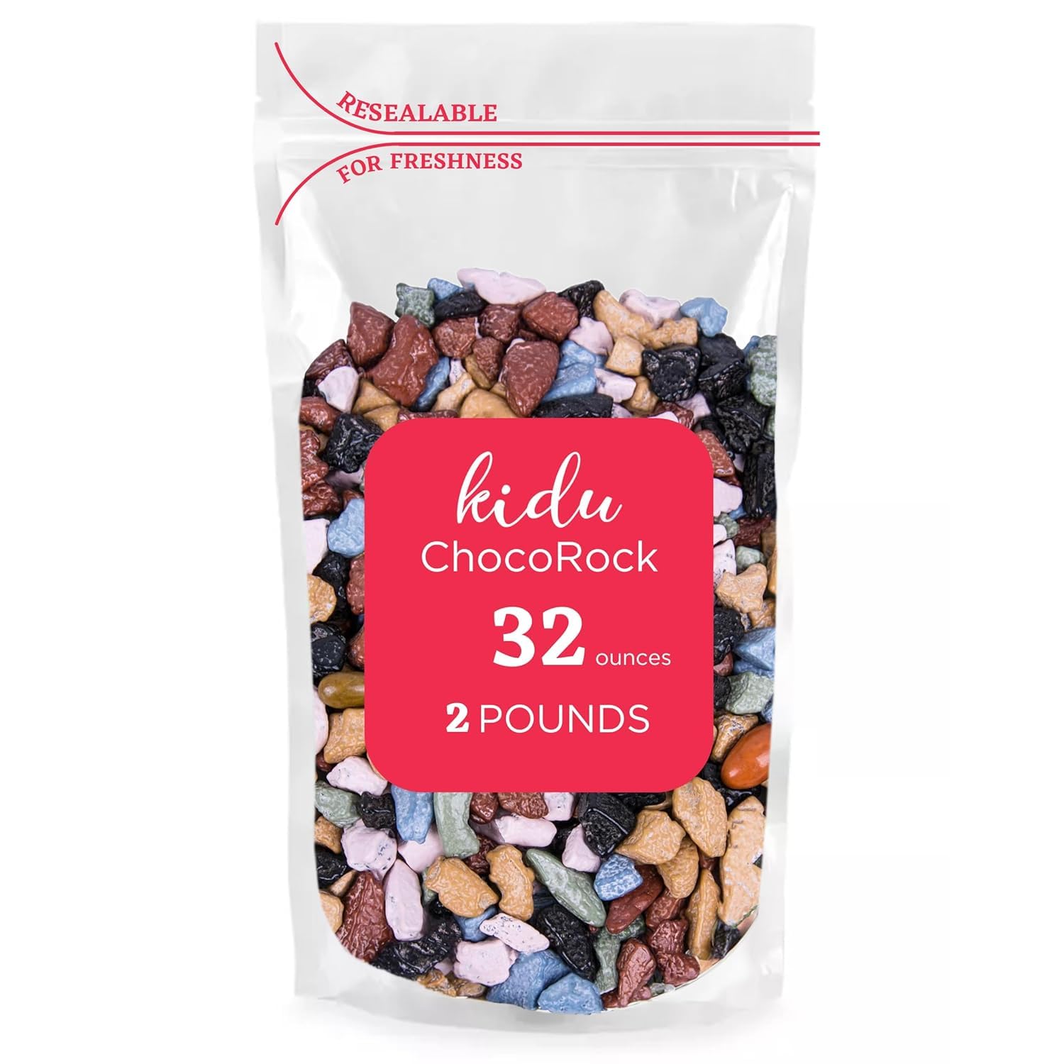 KIDU Chocolate Rocks bulk bag with resealable seal for freshness.