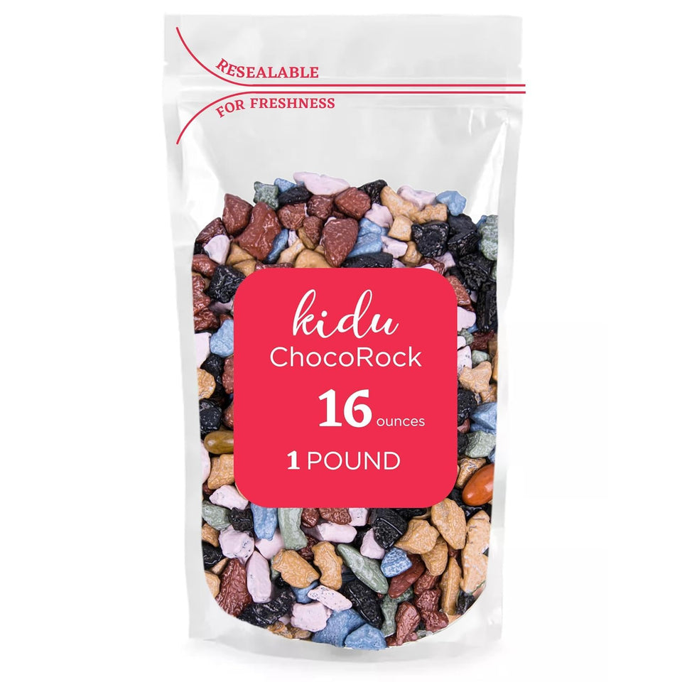 KIDU Chocolate Rocks for cake decorating add a glossy, crunchy finish.