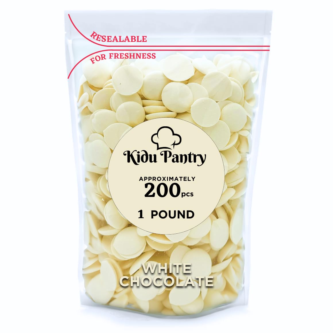 KIDU Pantry melting chocolate wafers in white for bulk baking and coating