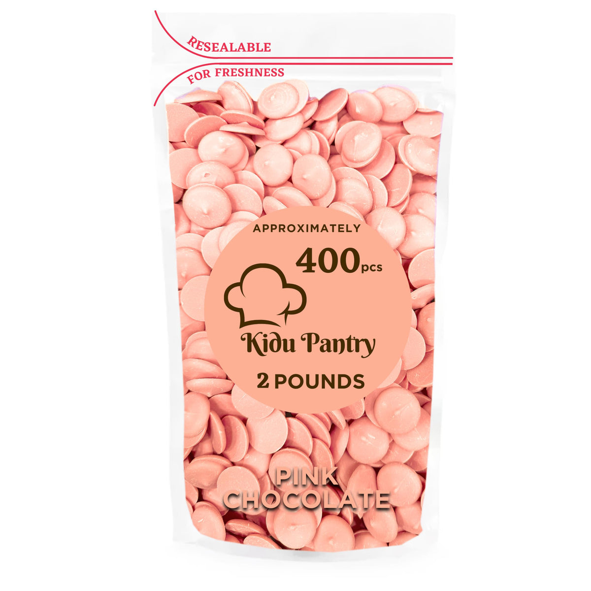 KIDU Pantry pink melting chocolate wafers melt smoothly for dipping and coating.