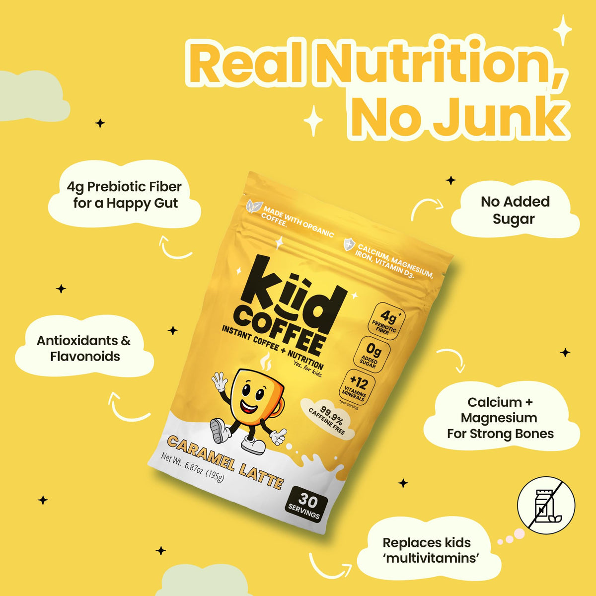 Kiid Coffee caramel latte powder being poured for kid-friendly flavor