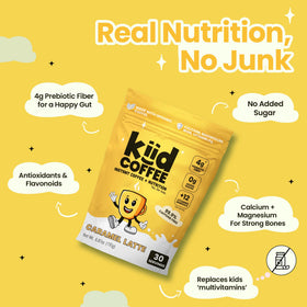 Kiid Coffee caramel latte powder being poured for kid-friendly flavor
