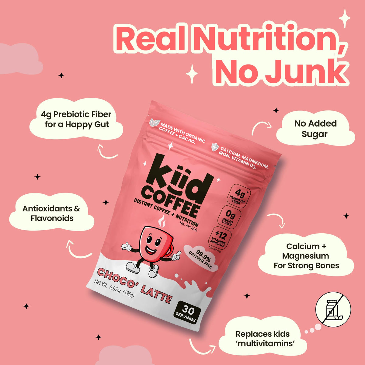 Kiid Coffee Choco Latte powder for a chocolatey, caffeine-free morning.