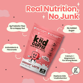 Kiid Coffee Choco Latte powder for a chocolatey, caffeine-free morning.
