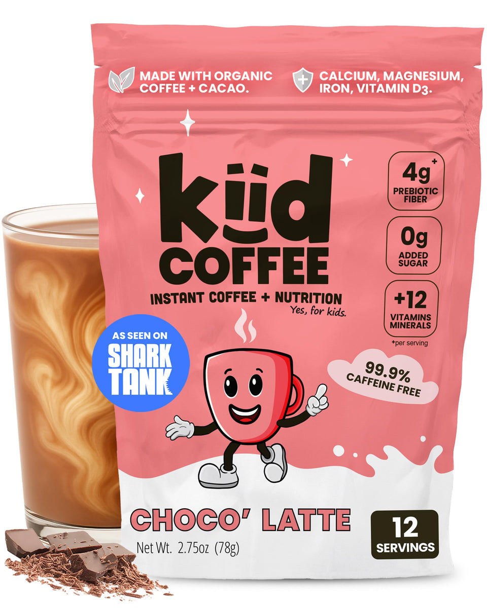 Kiid Coffee decaf Arabica bottle pour demonstrates caffeine-free morning ritual for kids.
