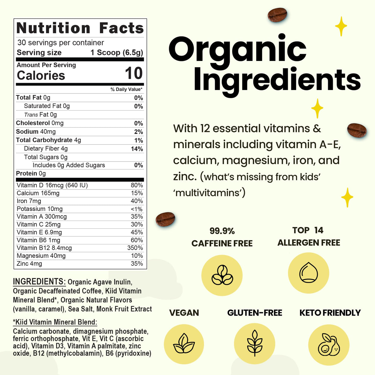 Kiid Coffee ingredients label highlighting organic, non-GMO, allergen-free nutrition