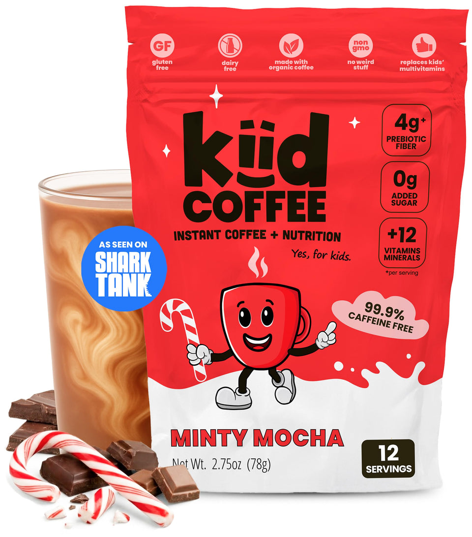 Kiid Coffee Minty Mocha canister, vitamin-packed start for kids' mornings.