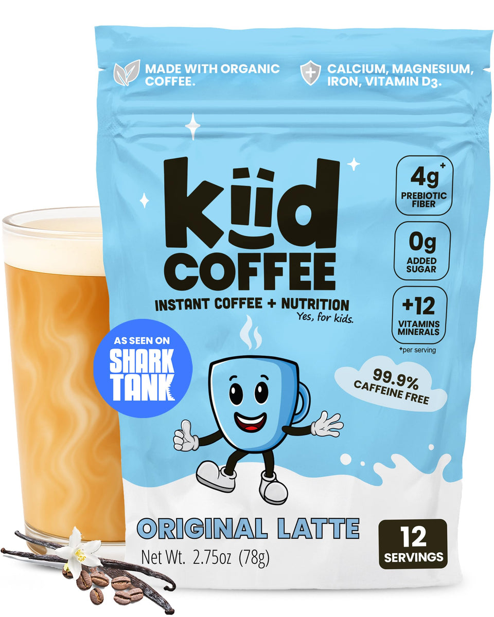 Kiid Coffee Original Latte bottle highlighting kid-friendly, caffeine-free formula.