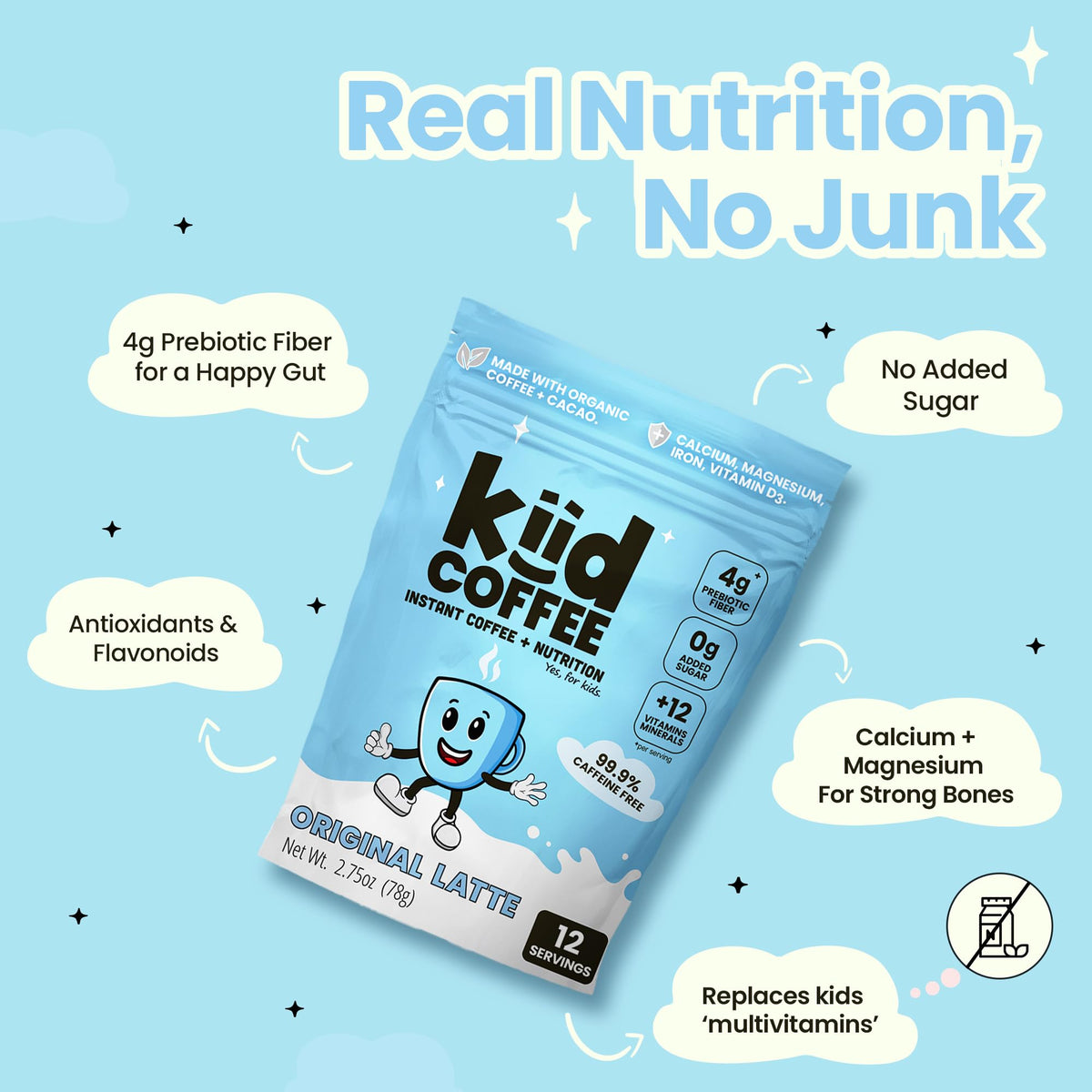 Kiid Coffee Original Latte label shows organic, vegan, Non-GMO ingredients.