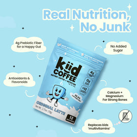 Kiid Coffee Original Latte label shows organic, vegan, Non-GMO ingredients.