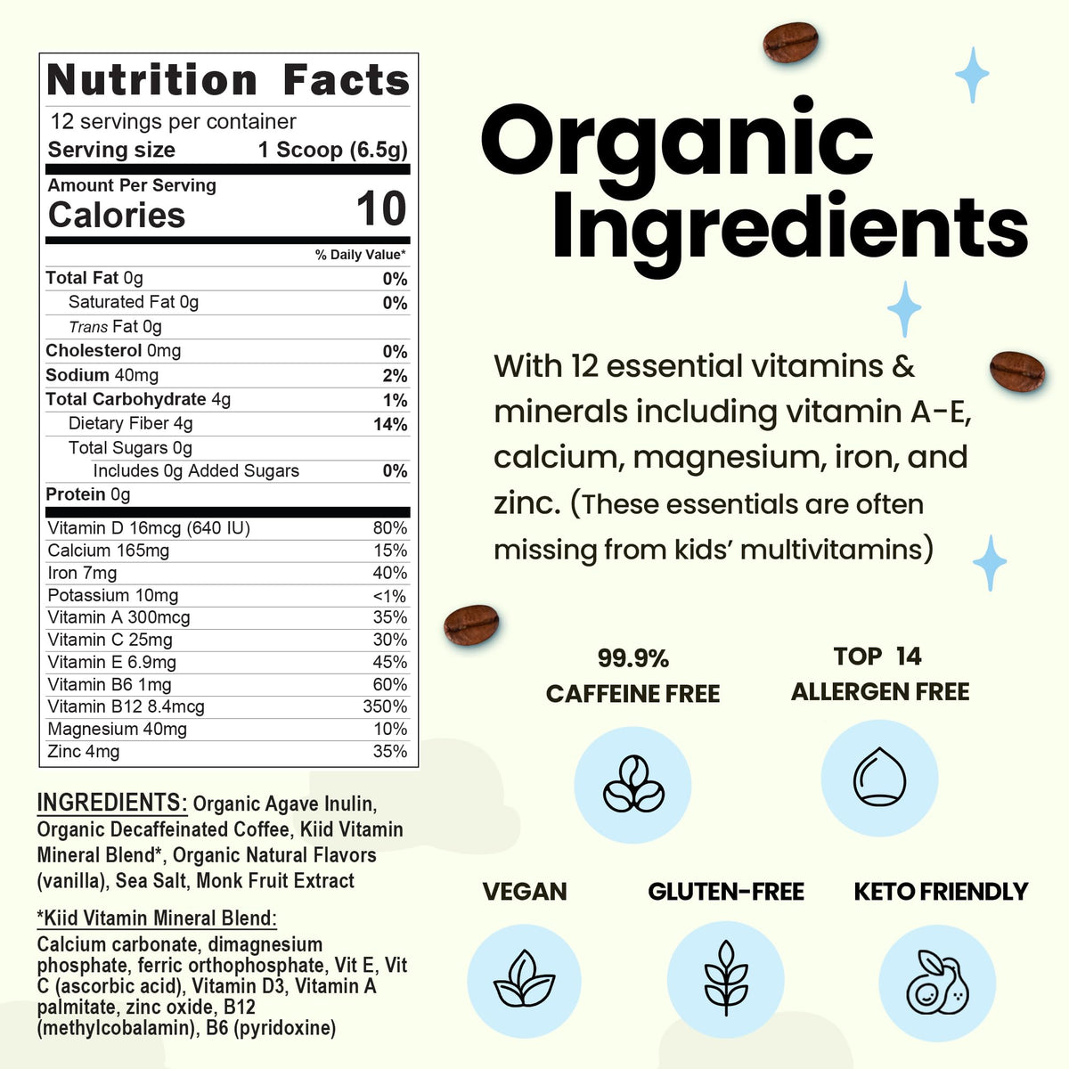 Kiid Coffee packaging features 12 servings and three flavors.