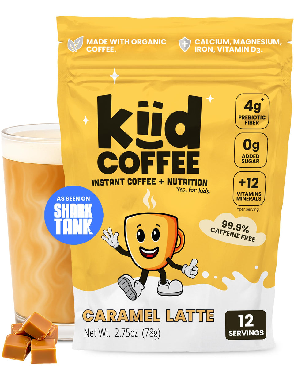 Kiid Coffee Original Latte powder for kids, caffeine-free with vanilla notes.