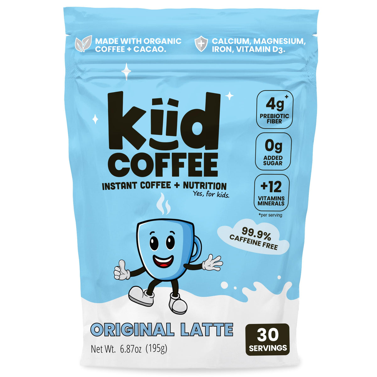 Kiid Coffee Original Latte powder ready for a kid-friendly morning latte