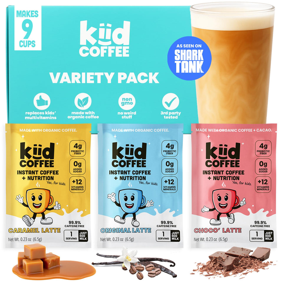 Kiid Coffee Sampler front packaging showing kid friendly caffeine free option