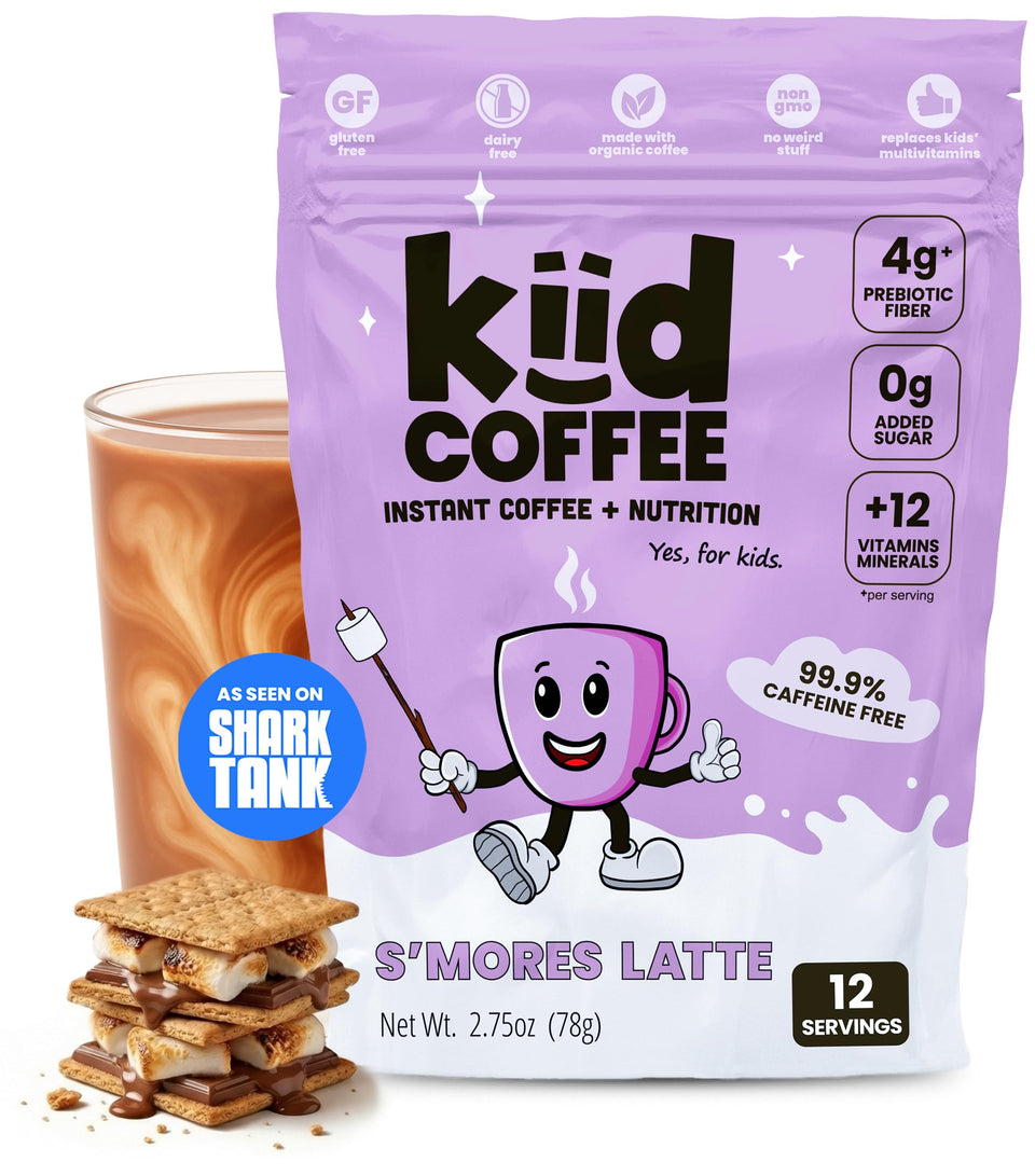 Kiid Coffee Smores Latte bottle hero, caffeine-free kid-friendly energy