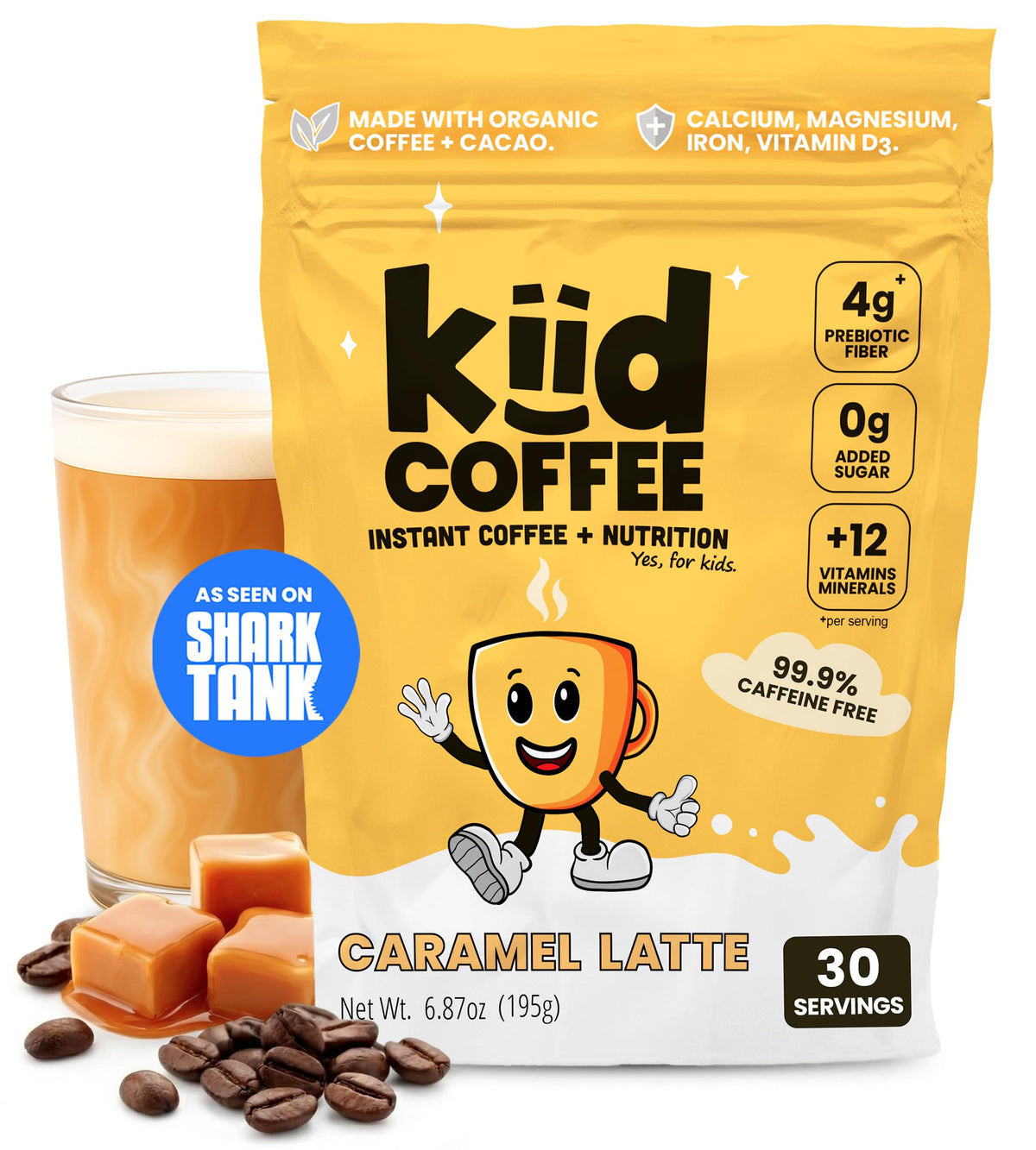 Kiid Coffee tub with scoop close-up showing caffeine-free nutrition for kids