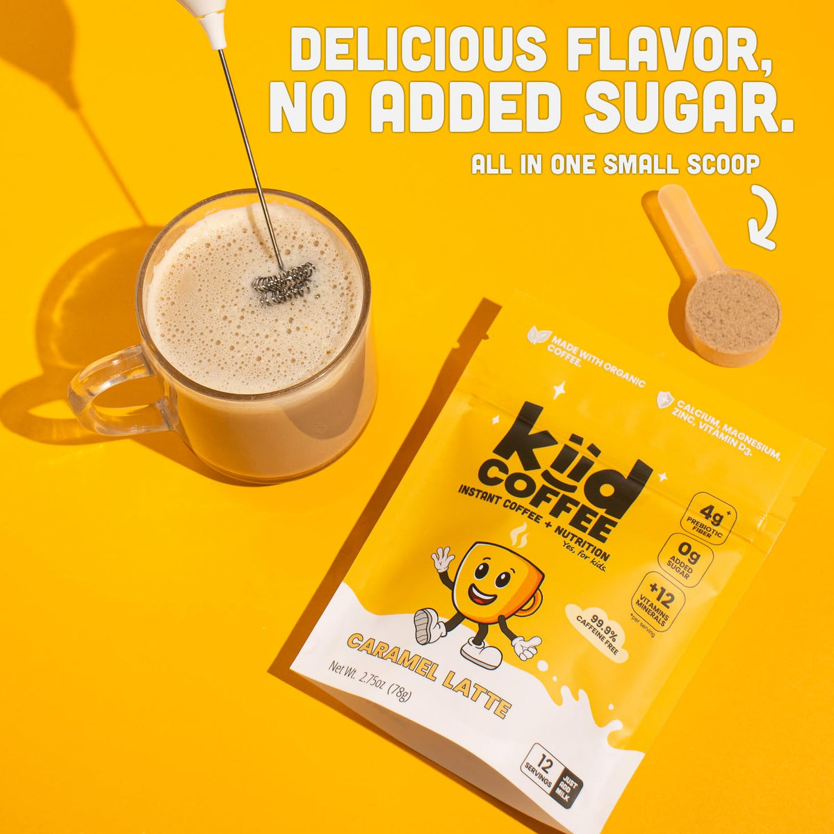 Kiid Coffee Vitamin Mineral blend label, essential nutrients for growing kids.