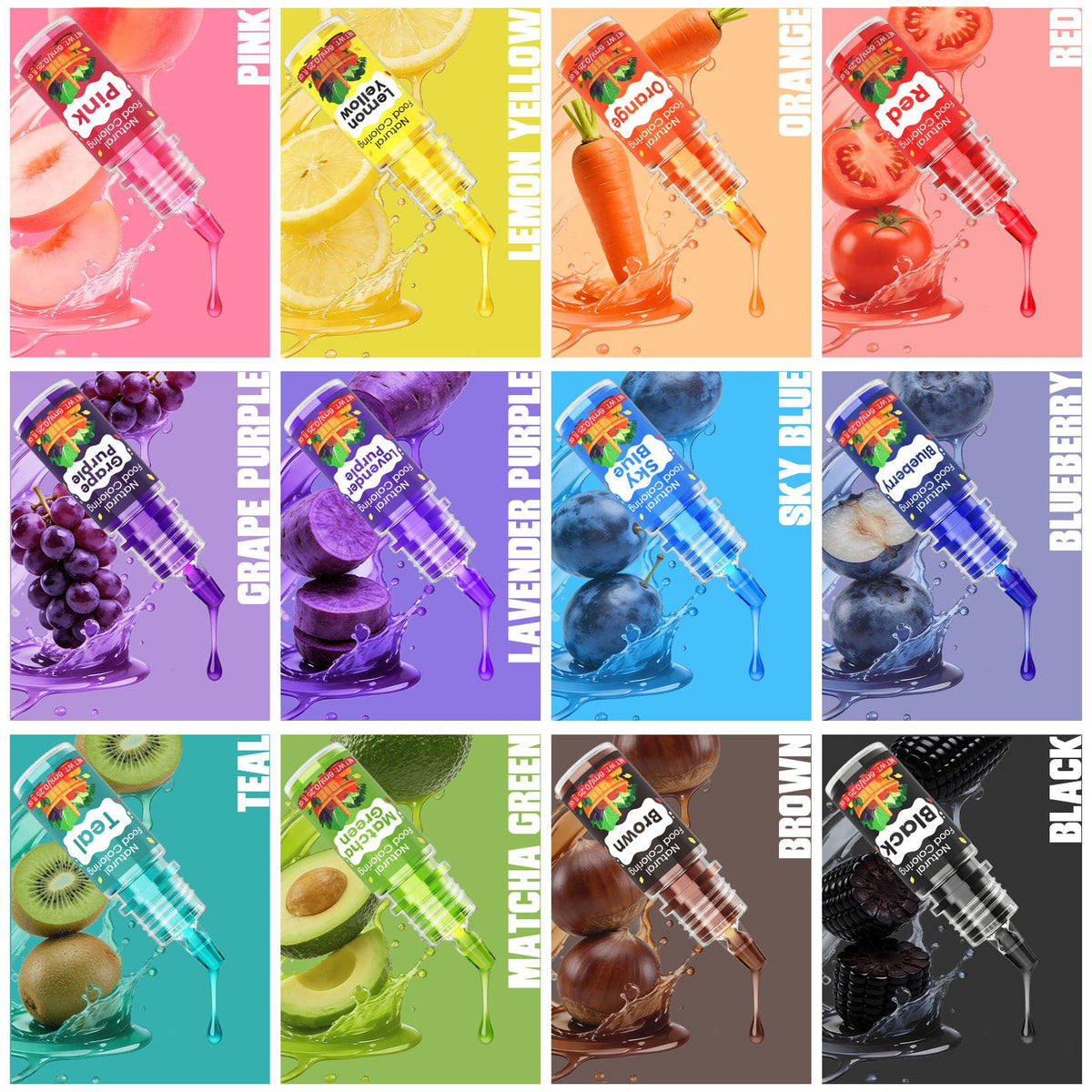 Kiigfood liquid dye set with 12 shades ideal for cake decorating and baking.