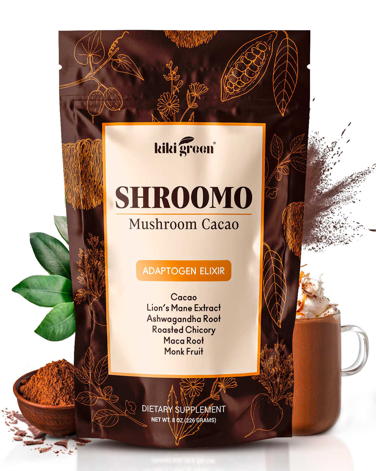 KIKI Green Shroomo cacao hot chocolate cup with a comforting energy lift.