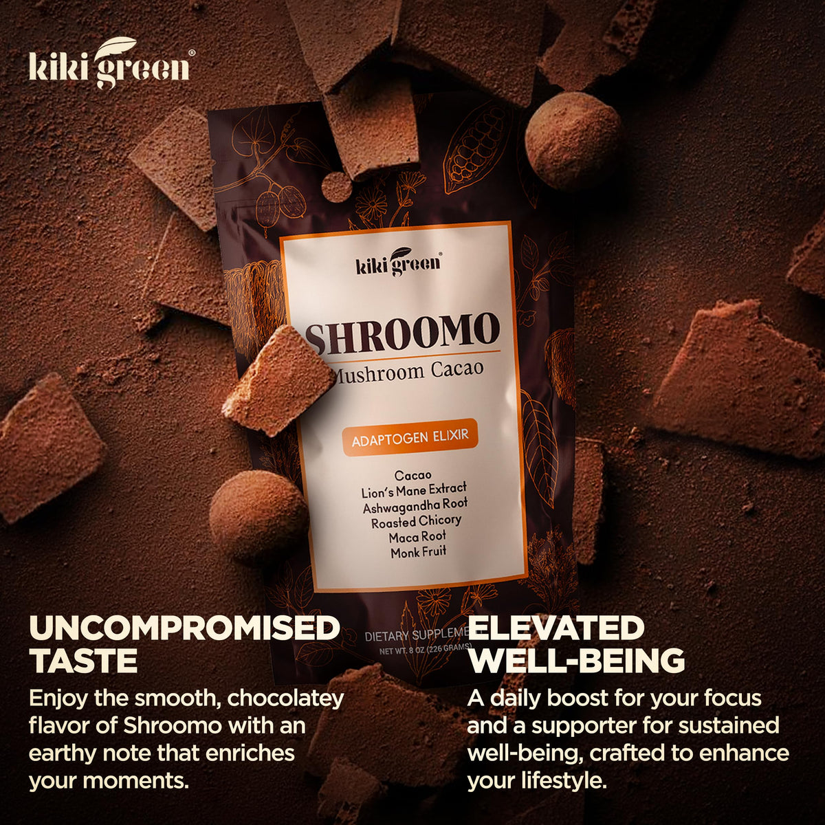 KIKI Green Shroomo maca root scoop signals natural vitality.