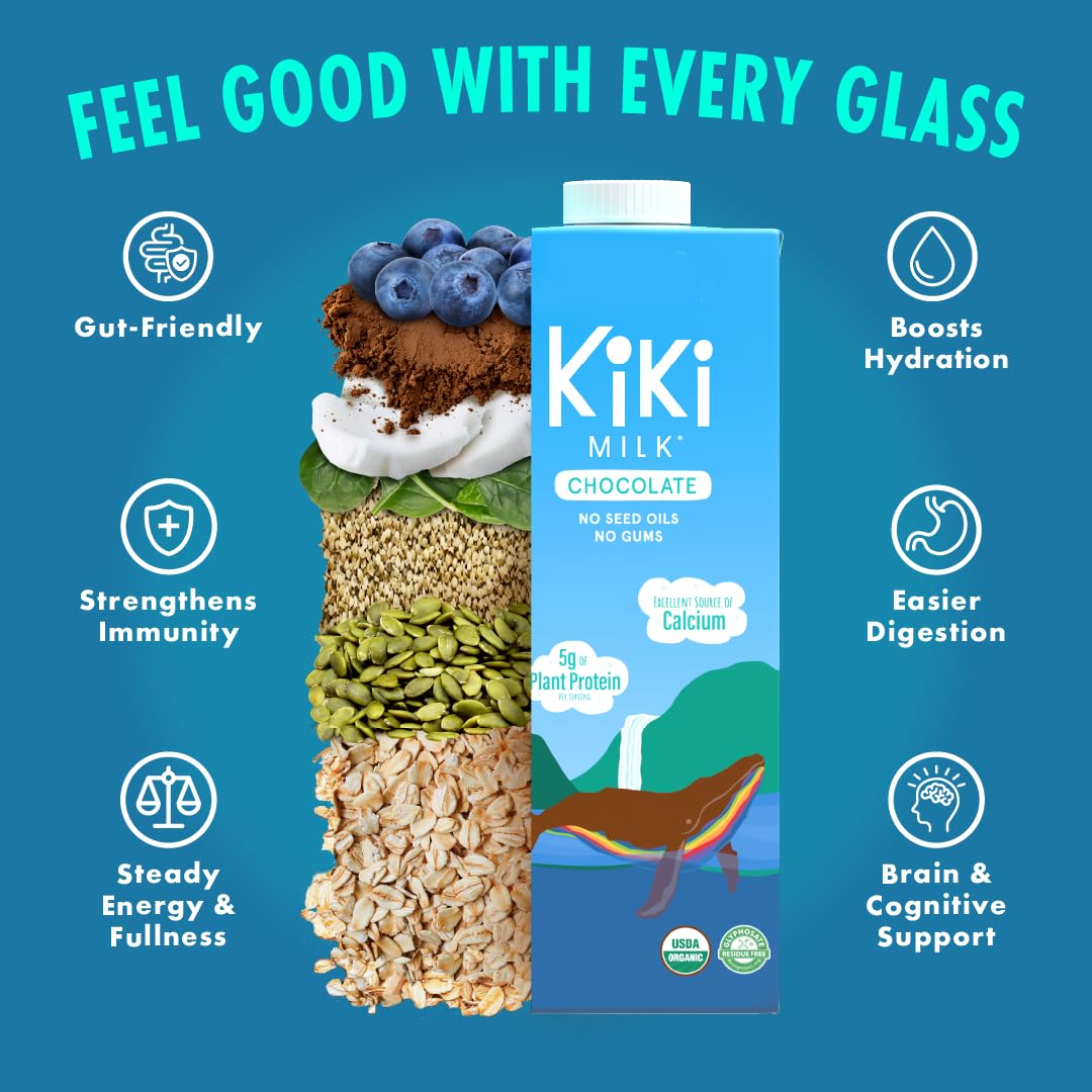 Calcium-magnesium graphic shows mineral support from Kiki Milk plant-based formula.