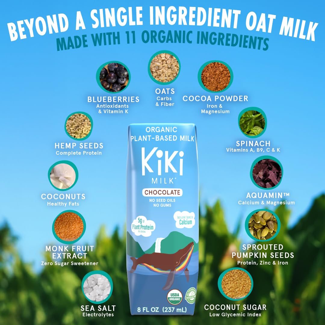 Kiki Milk Chocolate ingredients label highlights organic, glyphosate-free ingredients.
