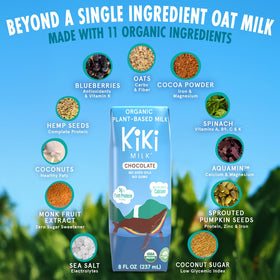 Kiki Milk Chocolate ingredients label highlights organic, glyphosate-free ingredients.