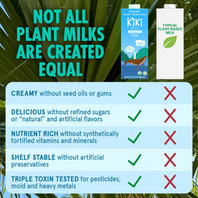 Clean-label ingredients on Kiki Milk packaging highlight absence of gums or fillers.