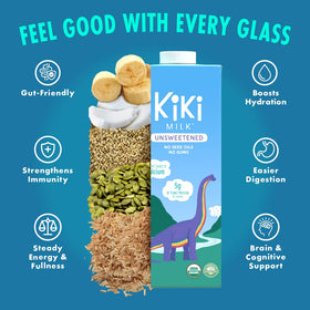 Kiki Milk kid-friendly bottle suggests pediatric-approved plant-based beverage.
