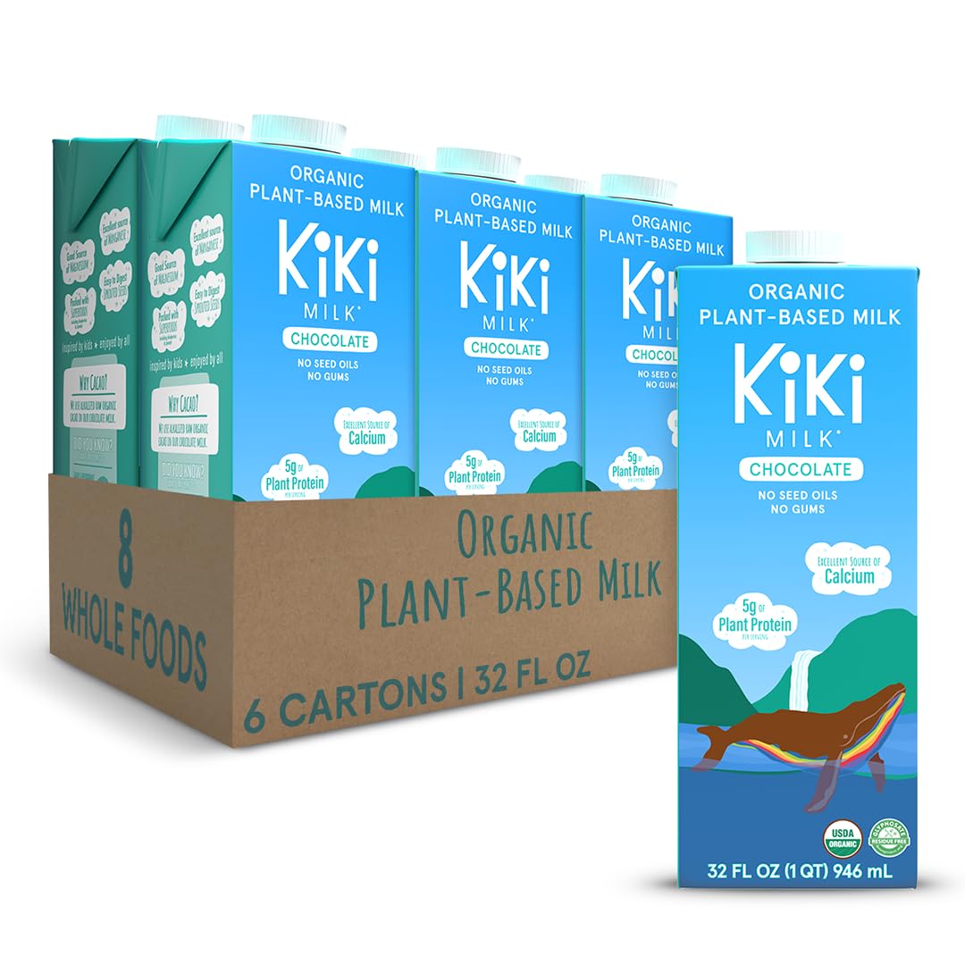 Kiki Milk Organic Chocolate Milk bottle highlights dairy-free calcium and magnesium benefits.