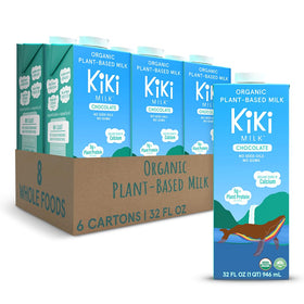 Kiki Milk Organic Chocolate Milk bottle highlights dairy-free calcium and magnesium benefits.