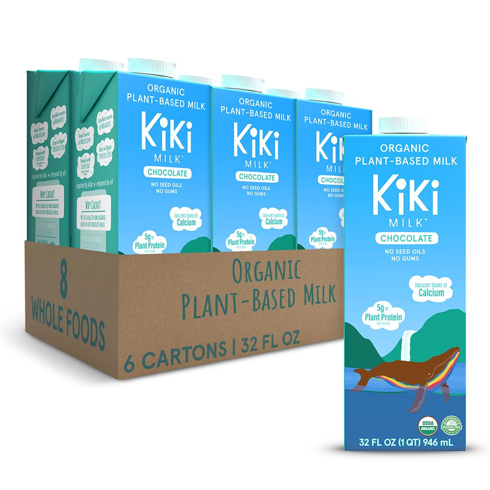 Kiki Milk Organic Chocolate Milk bottle highlights dairy-free calcium and magnesium benefits.