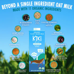 Kiki Milk Organic label close-up emphasizes organic, non-GMO ingredients.