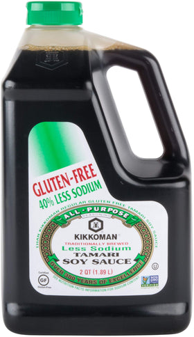 Kikkoman less sodium gluten-free tamari bottle pour over stir-fry