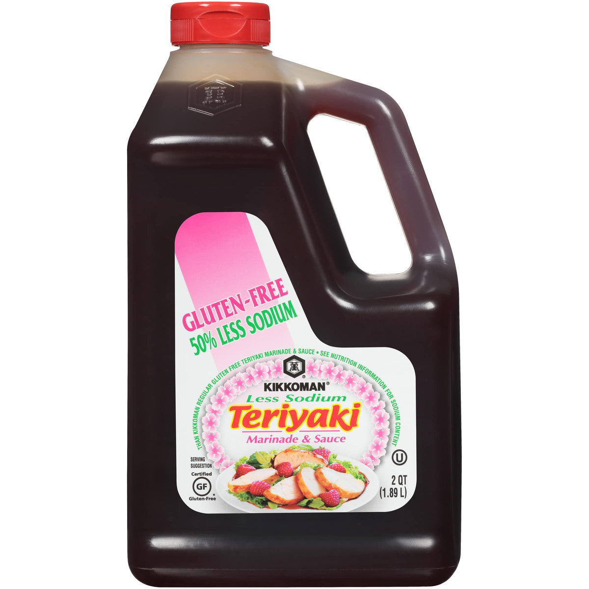 Kikkoman Less Sodium gluten-free teriyaki bottle ready for marinating with bold flavor.