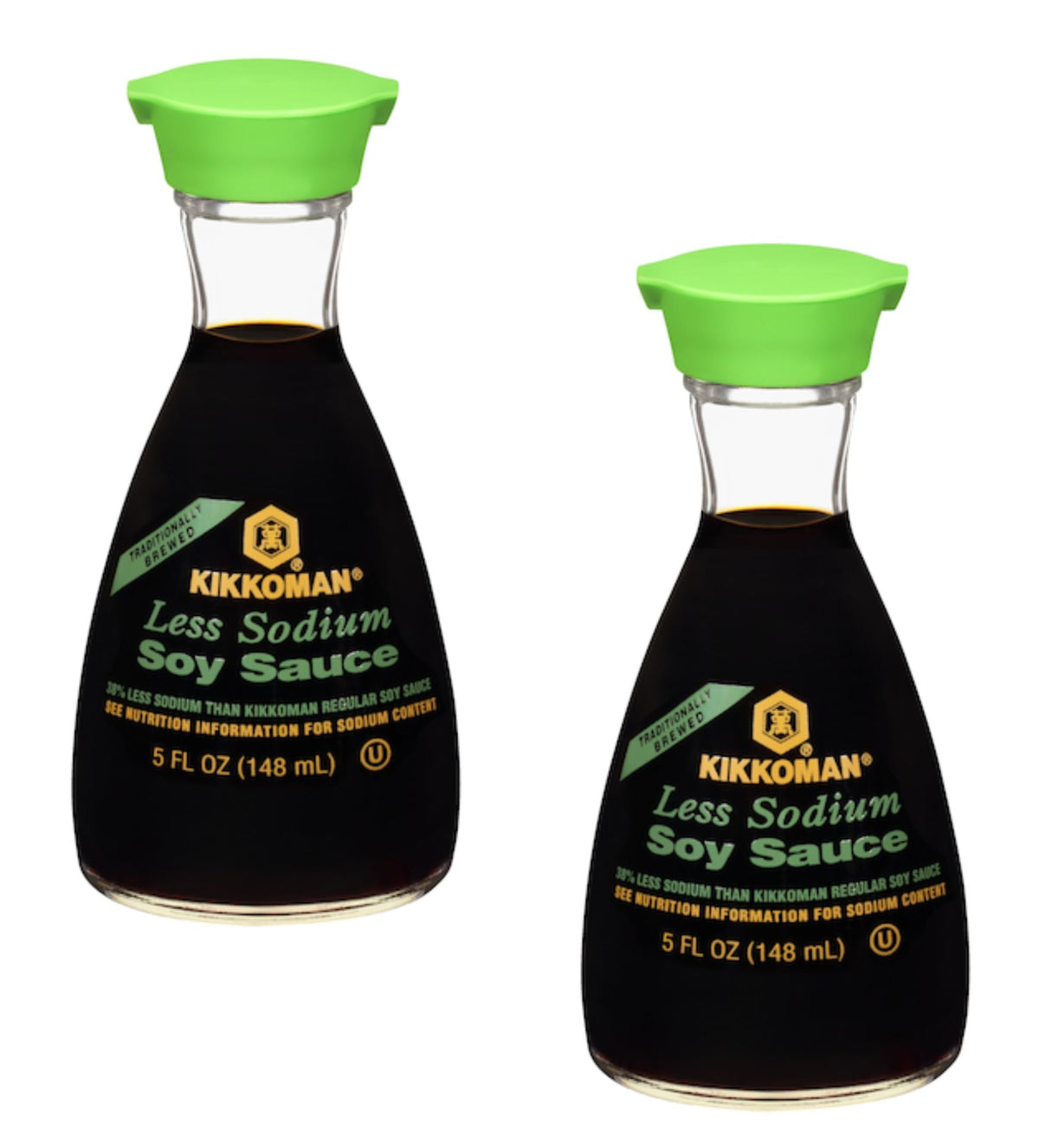 Kikkoman Less Sodium Soy Sauce dispenser bottle 2-pack on kitchen shelf for quick, balanced flavor boosts.